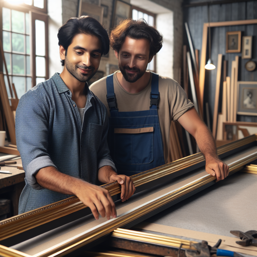 Friendly picture framing team collaborating on custom frame project