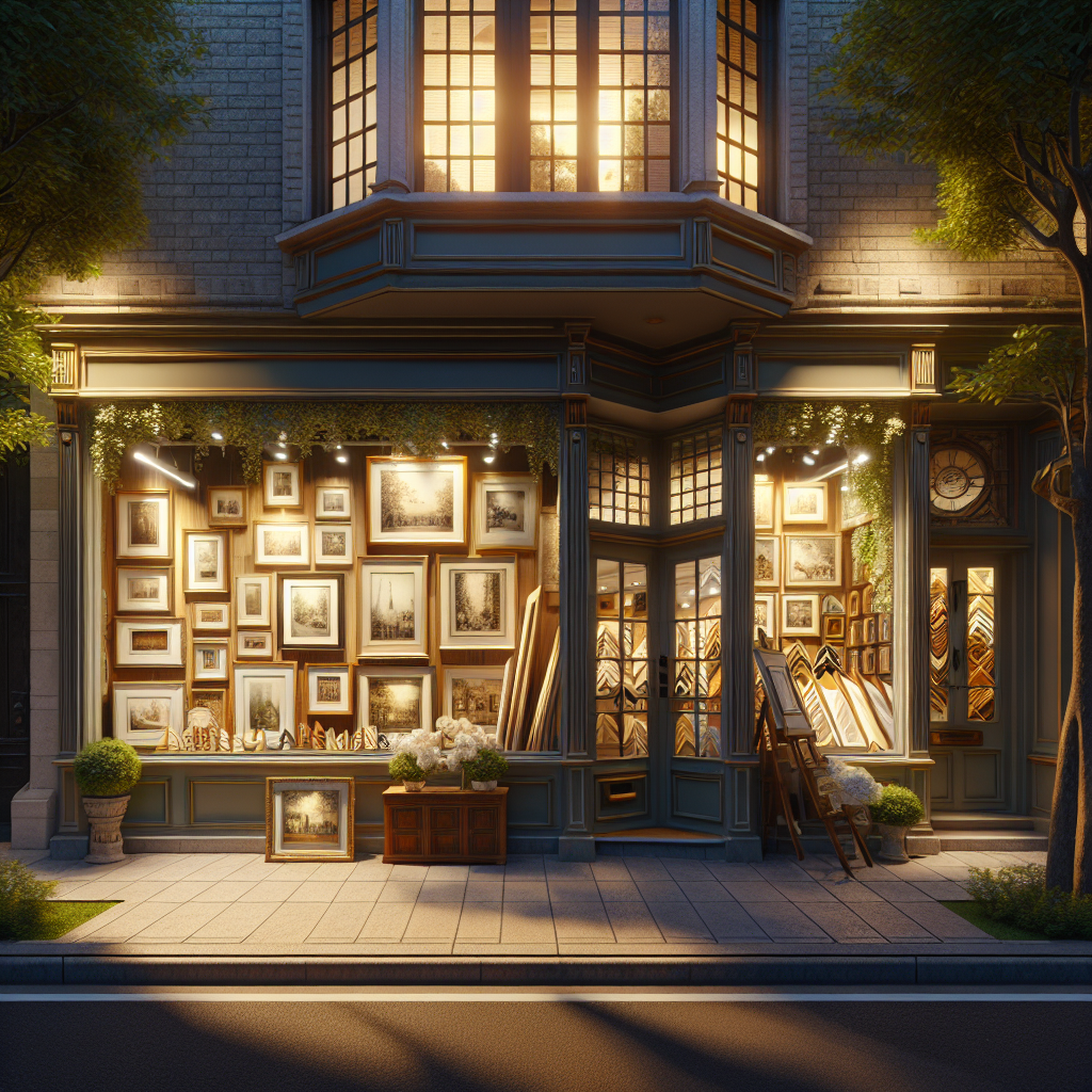 Exterior view of charming picture framing shop on tree-lined street