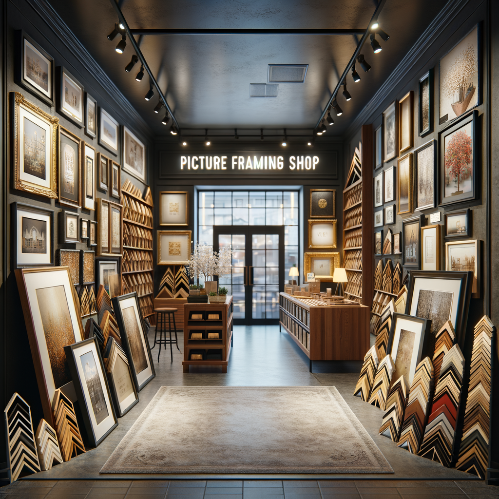 Professional picture framing shop storefront interior