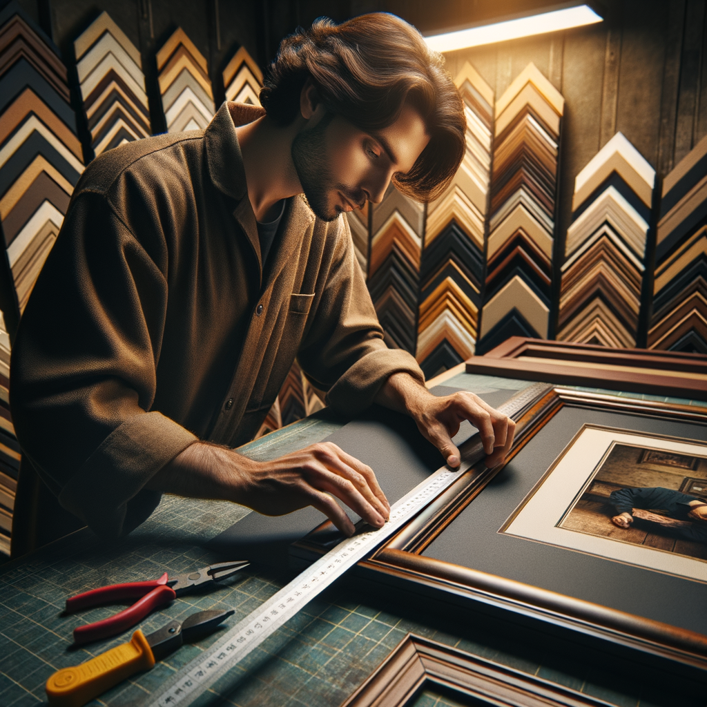 Professional picture framing artisan with custom mat boards and frame samples