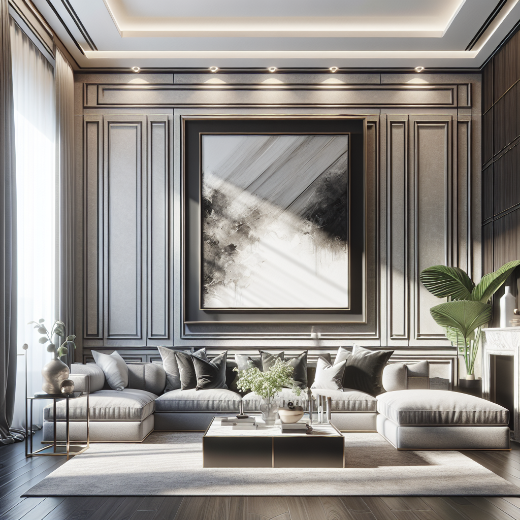 Elegant living room with statement piece of custom framed oversized artwork