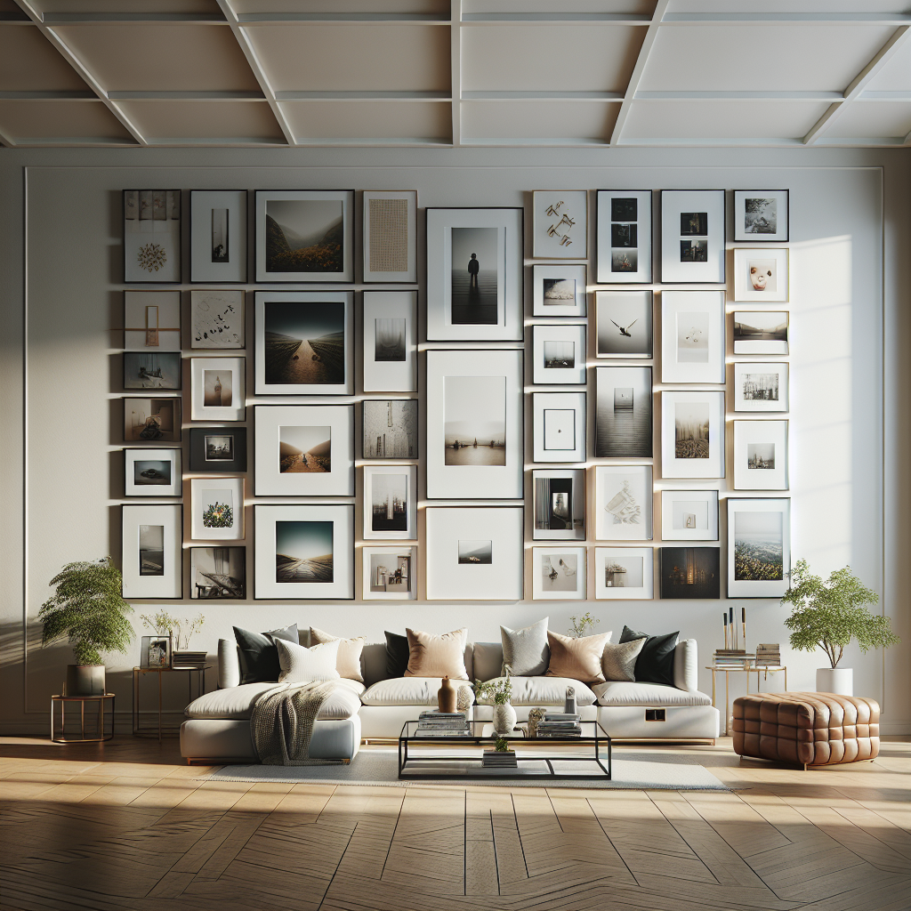 Stunning gallery wall installation in modern living room with custom framed photographs